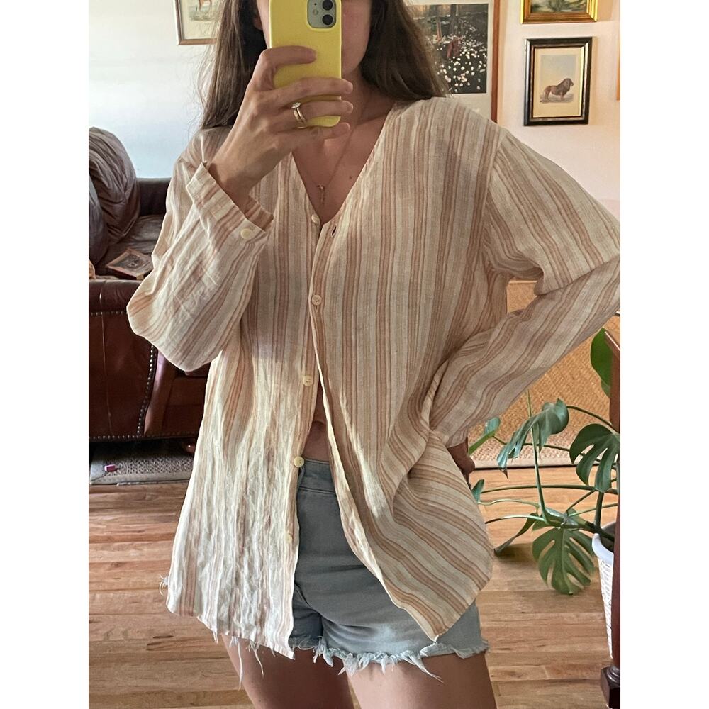 Linen Striped Vintage V Neck Tunic Button Front